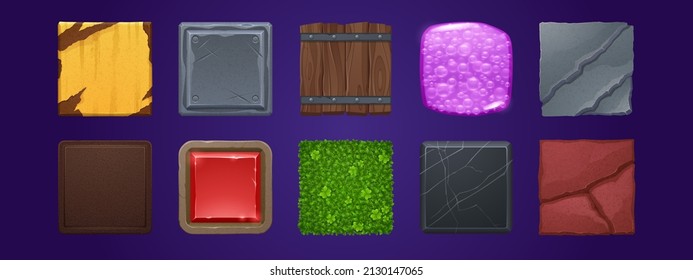 Juego ui iconos de aplicación, botones cuadrados, interfaz de menú de dibujos animados bloques texturados. Elementos gráficos de gui cañón de madera, piedra, roya, metal, piedra de cerámica, campo de trébol, burbujas de mármol y fibra rosa, conjunto de vectores 2d