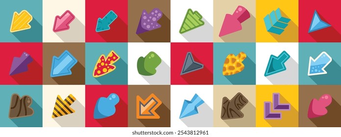 Game ui arrow icons set. Set of colorful arrows with different textures and shapes, pointing up, down, left and right, with long shadows on a multicolored background