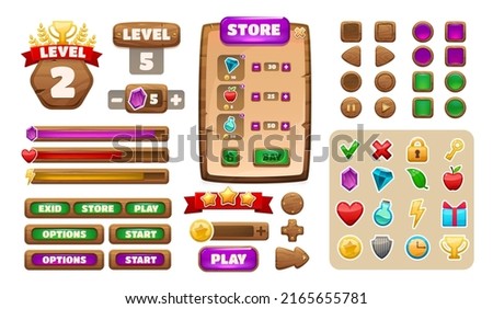 Game UI asset. Cartoon wooden menu interface elements, buttons icons panels progress-bars check-box and level indicator collection. Vector set. Store frame with diamond, apple, elixir