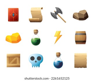 Juego de activos de la interfaz de usuario. Colección de iconos de la interfaz de usuario de juegos. ilustración vectorial