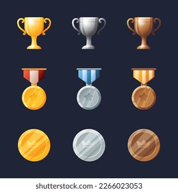 Game UI assets set. Gaming user interface victory trophy icons collection. vector illustration.