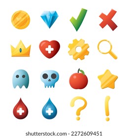 Benutzeroberflächen-Objekte des Spiels eingestellt. Sammlung von Symbolen für die Benutzeroberfläche von Gaming. Vektorgrafik