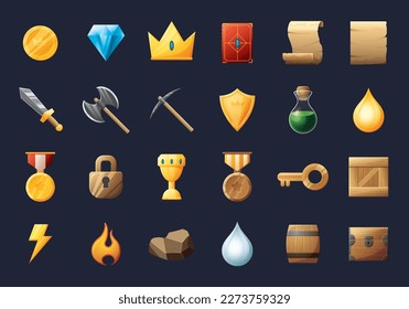 Benutzeroberflächen-Objekte des Spiels eingestellt. Sammlung von Symbolen für die Benutzeroberfläche von Gaming. Vektorgrafik