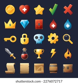 Juego de activos de la interfaz de usuario. Colección de iconos de la interfaz de usuario de juegos. ilustración vectorial