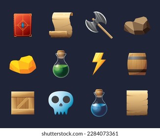 Juego de activos de la interfaz de usuario. Colección de iconos de la interfaz de usuario de juegos. ilustración vectorial