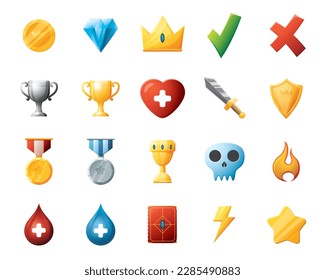 Benutzeroberflächen-Objekte des Spiels eingestellt. Sammlung von Symbolen für die Benutzeroberfläche von Gaming. Vektorgrafik