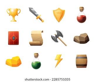 Juego de activos de la interfaz de usuario. Colección de iconos de la interfaz de usuario de juegos. ilustración vectorial