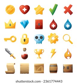 Game UI assets set. Gaming user interface icons collection. vector illustration.