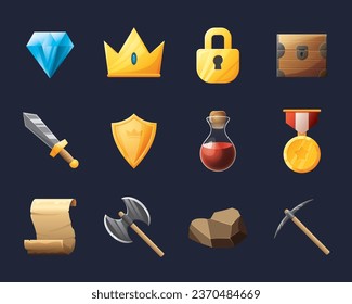 Game UI assets set. Gaming user interface icons collection. vector illustration.