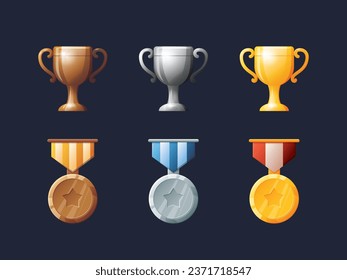 Juego de activos de la interfaz de usuario. Colección de iconos de trofeo de victoria de la interfaz de usuario de juegos. ilustración vectorial.