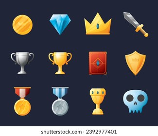 Benutzeroberflächen-Objekte des Spiels eingestellt. Sammlung von Symbolen für die Benutzeroberfläche von Gaming. Vektorgrafik.