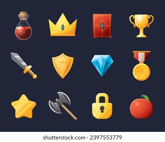 Benutzeroberflächen-Objekte des Spiels eingestellt. Sammlung von Symbolen für die Benutzeroberfläche von Gaming. Vektorgrafik.
