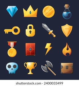Juego de activos de la interfaz de usuario. Colección de iconos de la interfaz de usuario de juegos. ilustración vectorial.