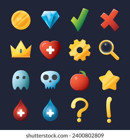 Juego de activos de la interfaz de usuario. Colección de iconos de la interfaz de usuario de juegos. ilustración vectorial.