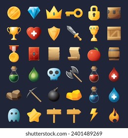 Juego de activos de la interfaz de usuario. Colección de iconos de la interfaz de usuario de juegos. ilustración vectorial.