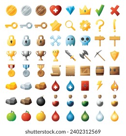 Juego de activos de la interfaz de usuario. Colección de iconos de la interfaz de usuario de juegos. ilustración vectorial.
