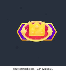 Game UI Badge  Crown Reb Button Golden Border Metal Purple Hexagon Shape Cute Colorful Cartoon Vector Design