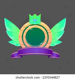 Game Ui Badge Reward Icon Avatar Leaf Elf  Fairy Fantasy Wings Fly Ribbon Crown Icon With Pink Gems And Three Peaks Cute Colorful Cartoon Vector Design