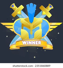 Game UI Badge Warrior Spartan Helmet Swords Wings Reward Page Winner Blue Golden Vector Design