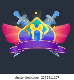 Juego UI Badge Warrier Dos Espadas De Cristal Azul Escudo Verde Cinta Púrpura Azul Gigante De Caricatura Colorido Diseño Vector