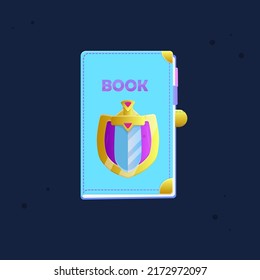 Game UI  Blue Book Icon Shield And Golden Sword With Pink Gems Kingdom Cute Cartoon Colorful Vector Design