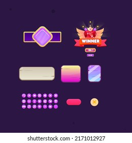 Game UI Button Gem Dark Purple Window Pop Up With Golden Borders With Purple Diamond  Gem Heart Winner Badge  Wooden Pop Ups Button Set Cute Cartoon  Vector Design