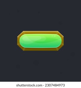 Game UI Button Glossgrün Gem auf hölzerner brauner Rutenkarte mit farbigem Vektordesign