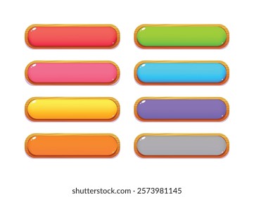 Game UI button. Mobile application or game interface element. Cartoon colorful design. Sticker or label for user interface