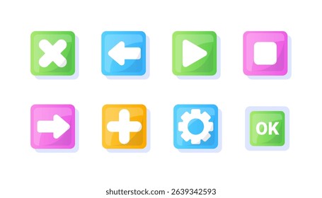 Game UI button. Mobile application or game interface element. Cartoon colorful design. Sticker or label for user interface