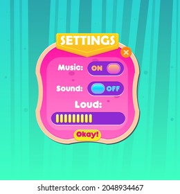 Game UI Button Window Settings Pop Up With Header And Buttons Royal Gold Pink Princess Background Wallpaper Cartoon Magic Mystical Fantasy Forest Trees In Fog Turquoise Green Vector Design