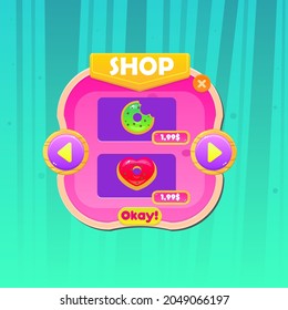 Game UI Button Window Shop Double Donuts Price Pop Up With Header And Buttons Royal Gold Pink Princess Background Wallpaper Cartoon Magic Mystical Fantasy Forest Trees In Fog Turquoise Green Vector De