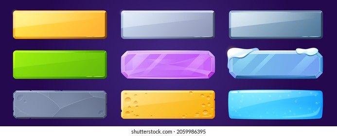 Game ui buttons for app interface, cartoon menu plaques or banners. Textured gui graphic design elements ice , wooden, stone, metal and cheese with pink crystal gem user panel isolated 2d vector set
