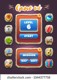 Game ui. Buttons and Games icons. Interface game design resource bar and resource icon for game vector illustration.