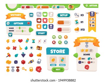 Game UI buttons. Mobile application interface elements. Cartoon colorful design. Progress bar, panel and indicators. Video gaming menu kit. Isolated medals and prizes. Vector arcade set - Shutterstock ID 1949938882