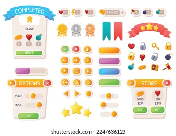 Game UI buttons. Mobile application or game interface elements. Cartoon colorful design. Progress bar, panel and indicators. Video gaming menu kit. Isolated medals and prizes