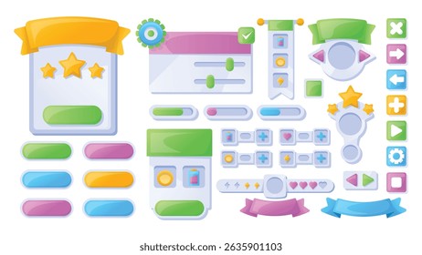 Boutons UI de jeu. Éléments d'application mobile ou d'interface de jeu. Dessin animé coloré. Barre de progression, tableau et indicateurs. Vidéo jeu menu kit. Médailles et prix isolés