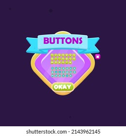 Botones De La Interfaz De Usuario De Juego Configurar Ventana Icono De Diamante Con Botón Y Cabecera Con Bordes Dorados Diseño De Vector De Dibujo Púrpura Rosa
