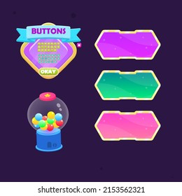 Game UI Buttons Set Diamond Icon Window Pop Up With Button And Header With Golden Borders Pink Purple Windows Icon Candy Jar Cute Cartoon  Vector Design