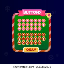 Game UI Buttons Set Pop Up Window Christmas Snowflakes Pattern Green And Red Borders Winter Holidays Style Cartoon Vector Design
