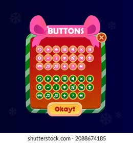 Game UI  Buttons Set Pop Up Window Christmas Snowflakes Pattern Red And  Green Borders Bow Header Winter Holidays Style Cartoon Vector Design