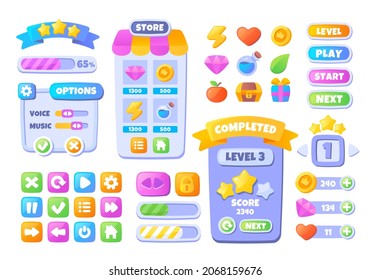Game UI buttons. Set of stickers with levels, loading scale and other attributes of mobile app. Menus, indicators and rewards in video game. Cartoon flat vector collection isolated on white background - Shutterstock ID 2068159676