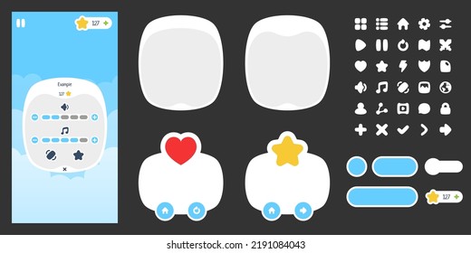 Game UI buttons. Set of stickers with levels, loading scale and other attributes of mobile app. Menus, indicators and rewards in video game. Cartoon flat vector collection isolated on black background