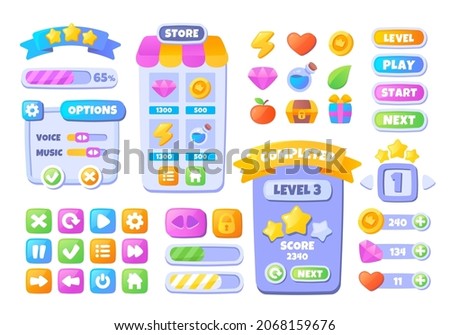 Game UI buttons. Set of stickers with levels, loading scale and other attributes of mobile app. Menus, indicators and rewards in video game. Cartoon flat vector collection isolated on white background