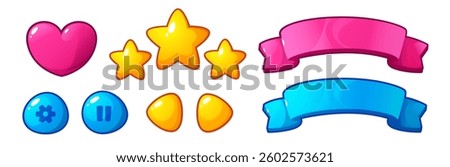 Game UI buttons. Set of stickers with buttons, star icons and other attributes of game app. Cartoon vector collection isolated on white background