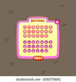Game  UI Buttons Set Window Purple Pink Yellow Colorful Cartoon Vector Design