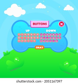 Game UI  Buttons Set Window Pop Up Blue Dog Bone With Header And Buttons  Cute Cartoon  Pet Farm For Gasual Games  Blue Sky Grass Heaven Clouds  Nature Style Cute Colorful Cartoon Vector Design