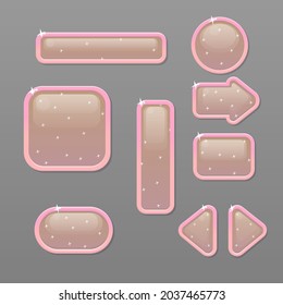 Game UI Buttons Window Set Dark Beige Brown Stars  Pink Orange Borders Sweet Soft Cute Colorful Cartoon Glossy Vector Design