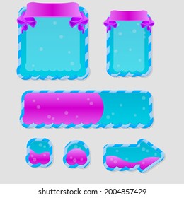 Game UI Buttons Windows Set Blue Sky Liquid Turquoise Purple  Bubbles Sea  Theme Borders Sweet Soft Cute Colorful Cartoon Vector Design