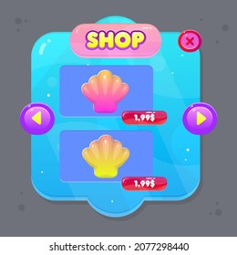 Game UI Cartoon Pop Up Window Shop Double Shells Price Set Colorful Vector Design In Blue Sky Cloud Fairy Abstract  Color Juicy Colorful Vector Design