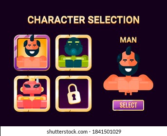 Game ui character selection pop up with Golden border for 2d gui interface vector illustration